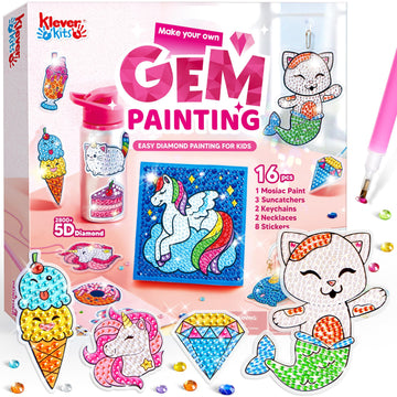 Klever Kits 16 Projects Gem Painting, Kids Diamond Art Kit for Kids with 5D Diamond, Arts and Crafts for Girls Ages 6-12, Gem Craft Activities Kits