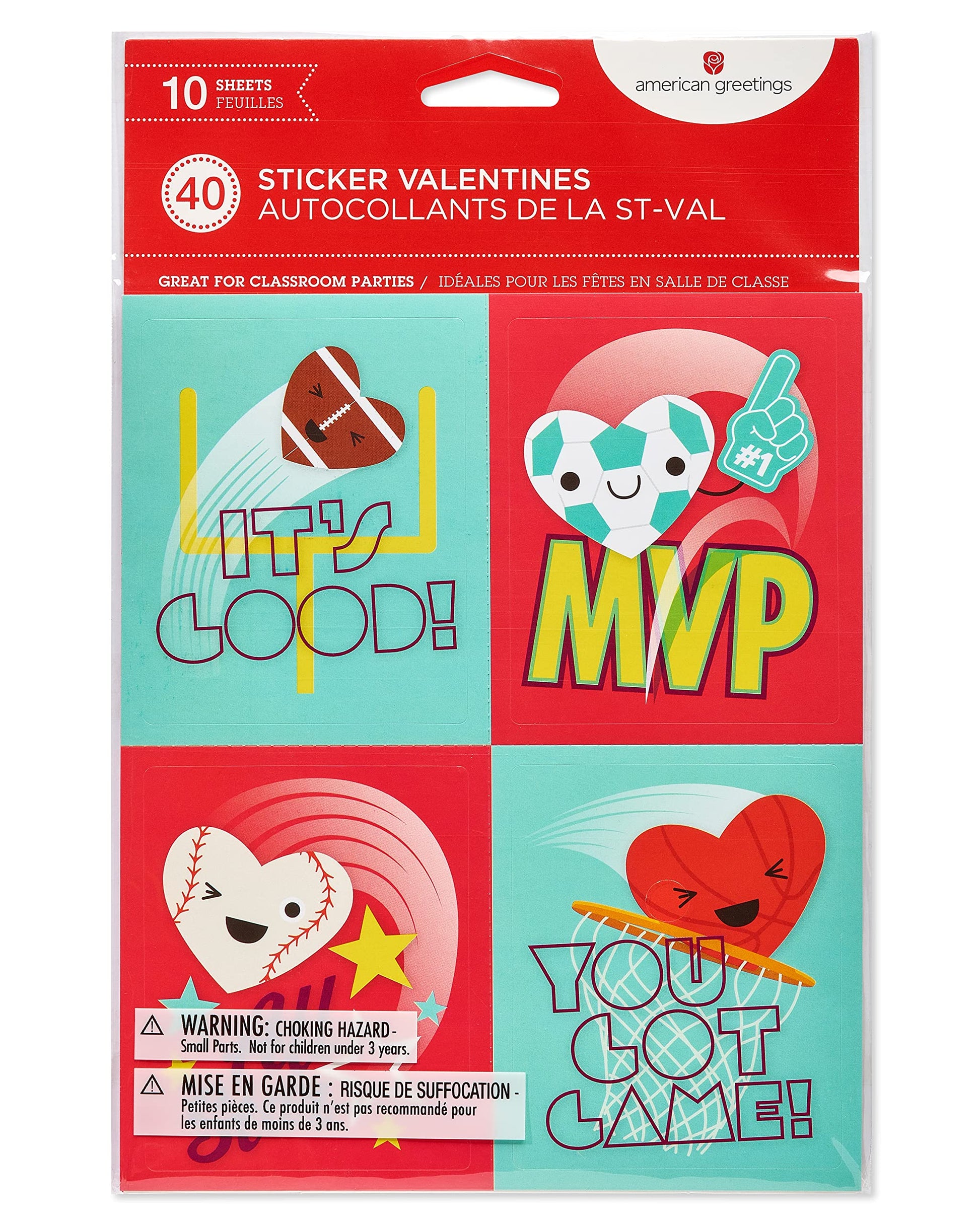 American Greetings Valentines Day Cards for Kids Classroom with Stickers, Sports (40-Count)