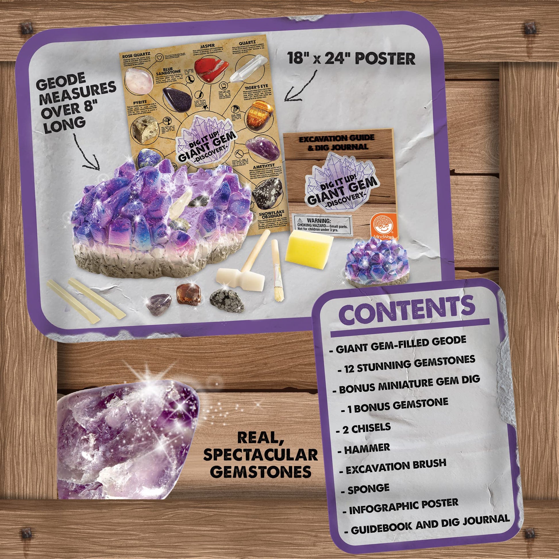 MindWare Dig It Up Giant Gem Discovery Kit - Gemstone Dig Kit Offers Geology for Kids with 12 Real Polished Hidden Gemstones - Includes 1 Giant Gem