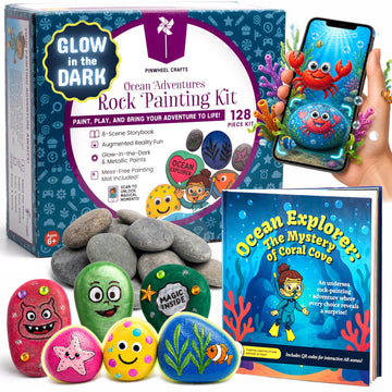 Pinwheel Crafts Glow in the Dark Rock Painting Kit with Interactive AR Storybook - 128pc Arts & Crafts Set for Kids - Augmented Reality Educational