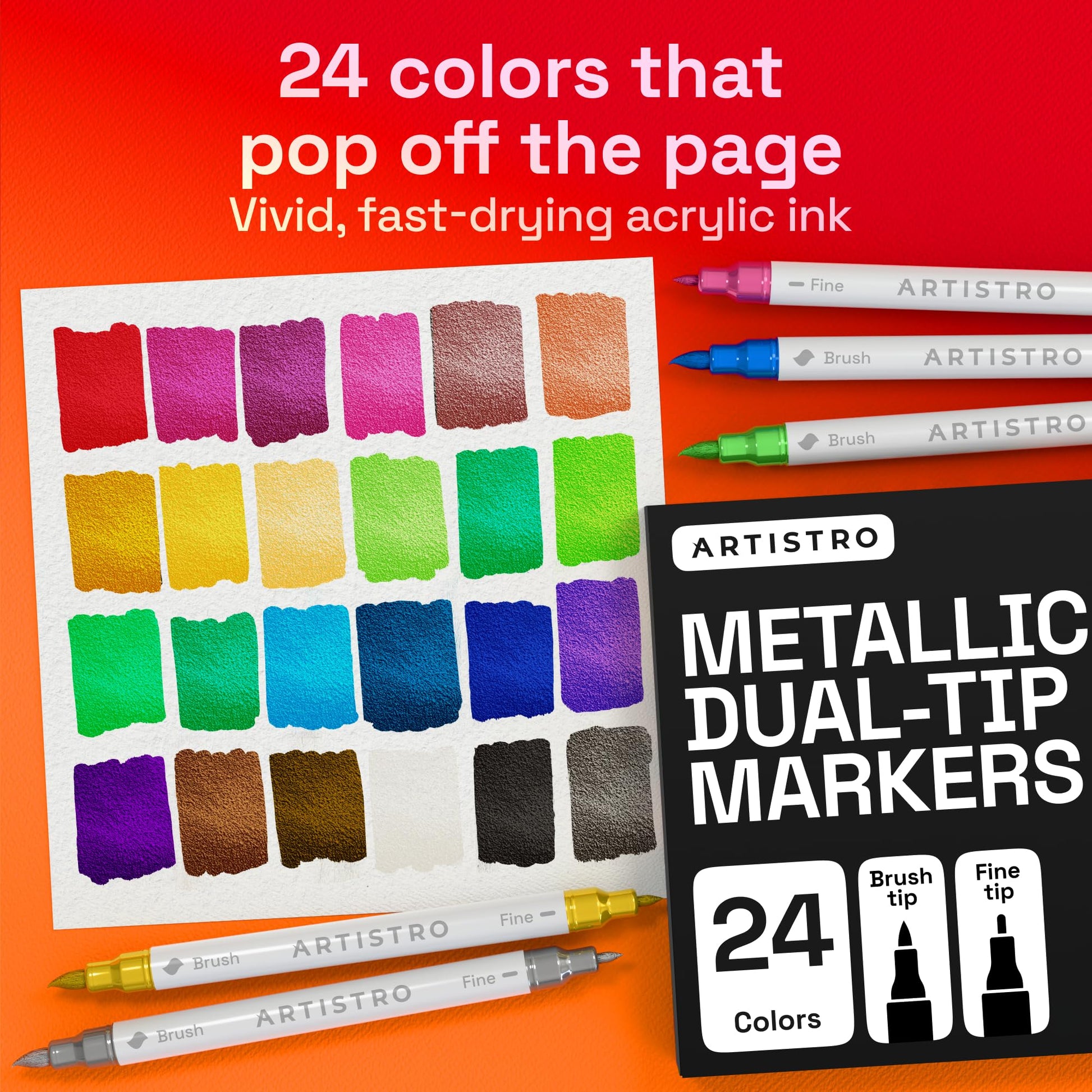 ARTISTRO 24 Metallic Acrylic Paint Markers - Paint Pens for Drawing - For Fabric, Rock, Glass, Wood, Molds - Arts & Crafts Gift for Adults, Teens