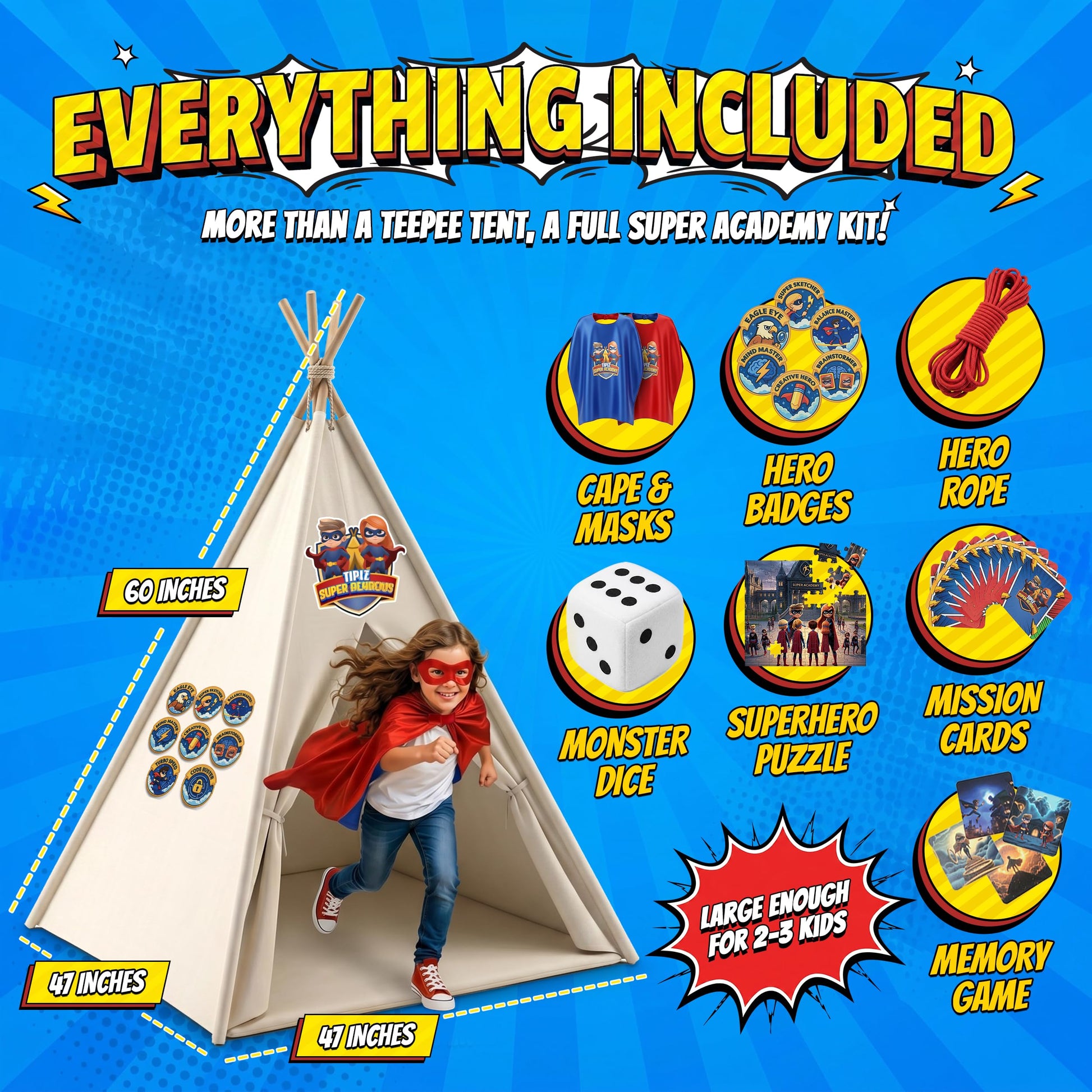 Tipiz Super Academy Teepee Tent for Kids, Indoor & Outdoor Play Tent, Playhouse for Boys & Girls, Adventure Gift for Children