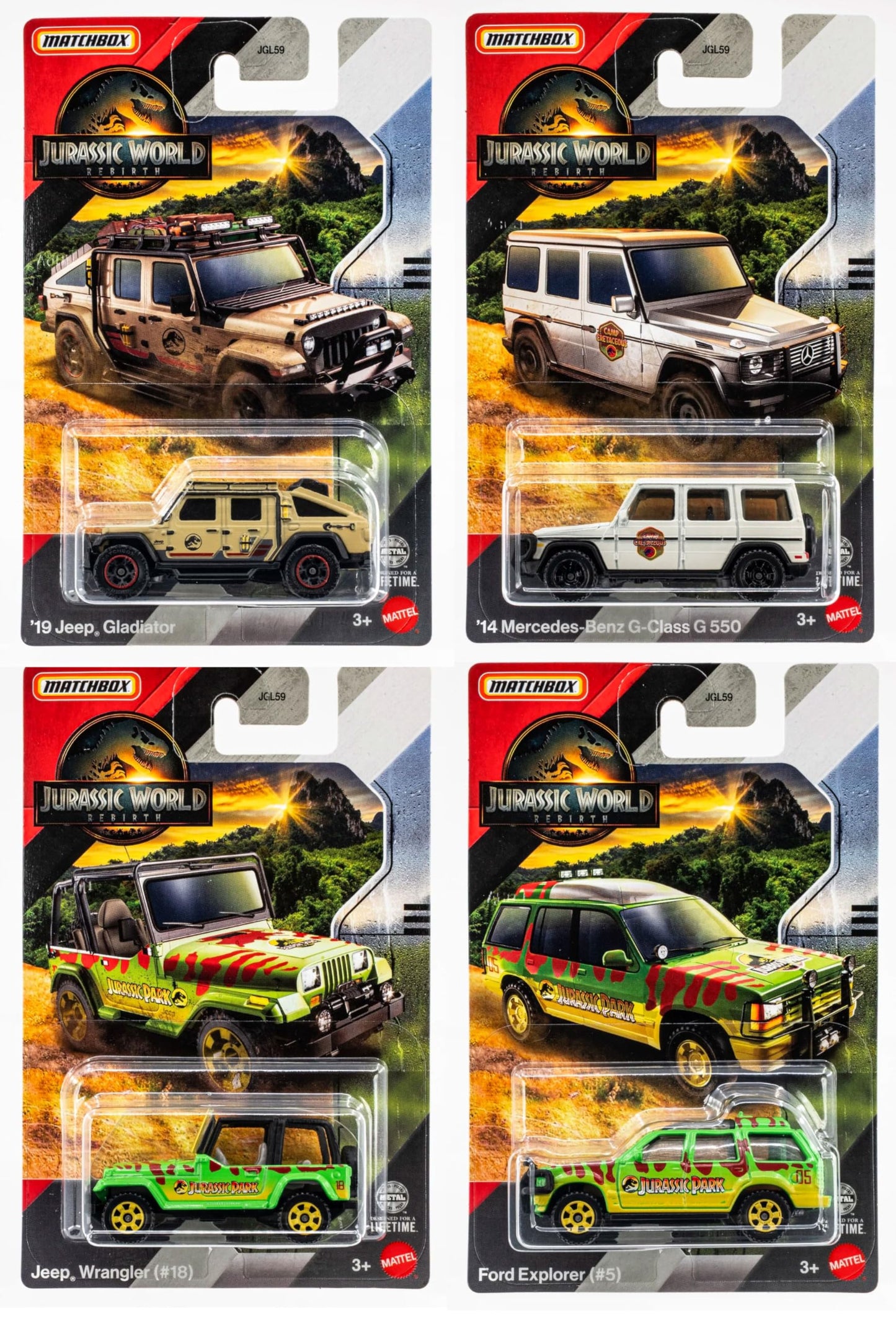 Jurassic World Matchbox Die-Cast Vehicle Set, '19 Jeep Gladiator, '14 Mercedes G350, Jeep Wrangler, Ford Explorer, 4 Pack, Ages 3+ JGL59-956A