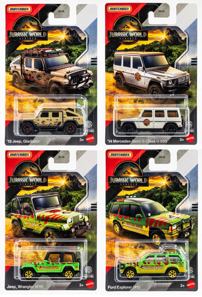 Jurassic World Matchbox Die-Cast Vehicle Set, '19 Jeep Gladiator, '14 Mercedes G350, Jeep Wrangler, Ford Explorer, 4 Pack, Ages 3+ JGL59-956A