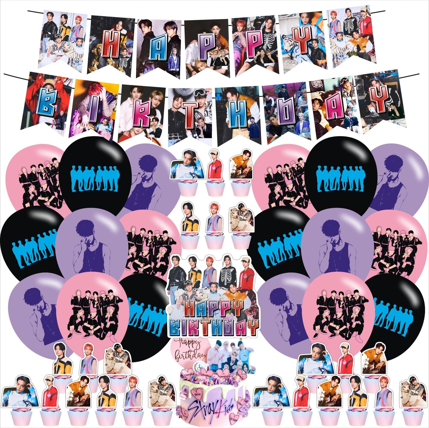 Stray Kids Merch 5 Star Birthday Party Decoration, Include Stray Kids Theme Party Banner, Cake Topper, Latex Balloons for Adult Fans Music Birthday