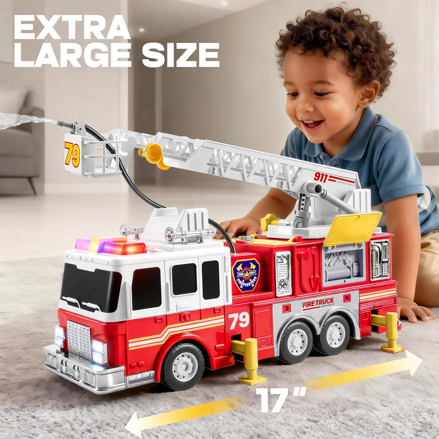 JOYIN Extra Large Toddler Fire Truck Toys for Boys with 33-inch Ladder, Lights & Sprinkler Pump, Big Emergency Vehicle, Kids Toys for Age 3, 4, 5, 6