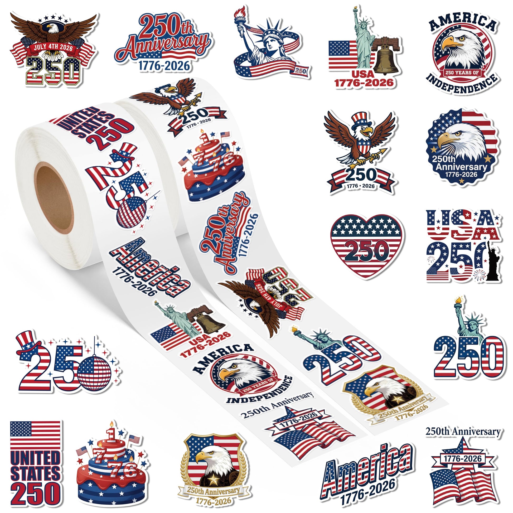 5wsech United States 250th Anniversary Roll Stickers for Kids - 1000Pcs 4th of July 1776-2026 America Flag Elements Patriotic Decals for Independent