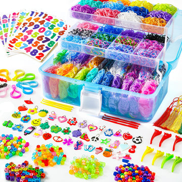 INSCRAFT 17500+ Rubber Loom Bands with 3 Layer Blue Container, 28 Colors, 600 S-Clips, 352 Beads, 40 Cartoon Pendant, Bracelet Making Refill Kit