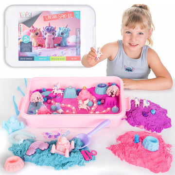 Kipipol Unicorn Sensory Bin for Toddlers 3-4, 5-7 Magic Sand Art Kit w Sandbox, 2.4 LB of Sensory Sand, 10 Sand Toys, 4 Unicorn Toys for Girls Age