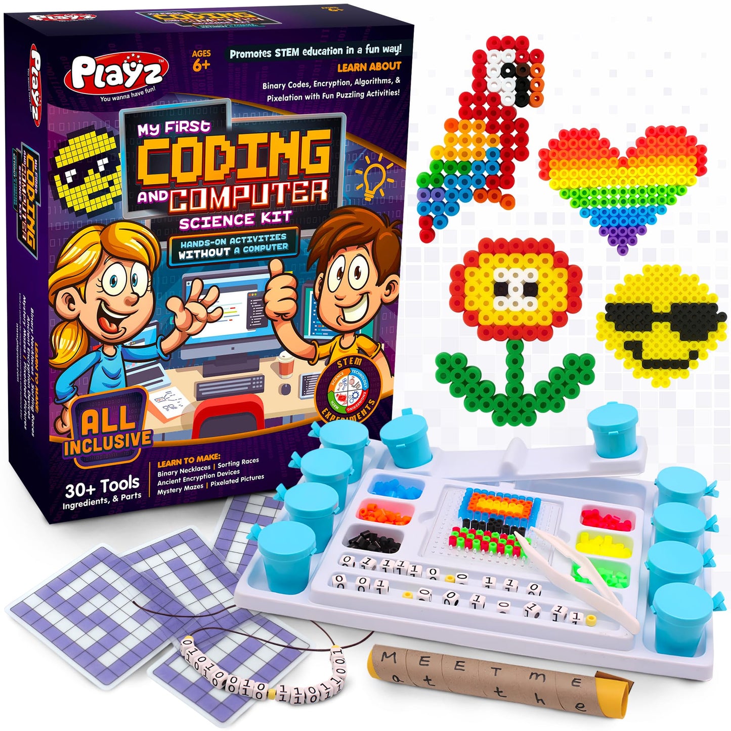 Playz My First Coding & Computer Science Kit - Learn About Binary Codes, Encryption, Algorithms & Pixelation Through Fun Puzzling Activities Without
