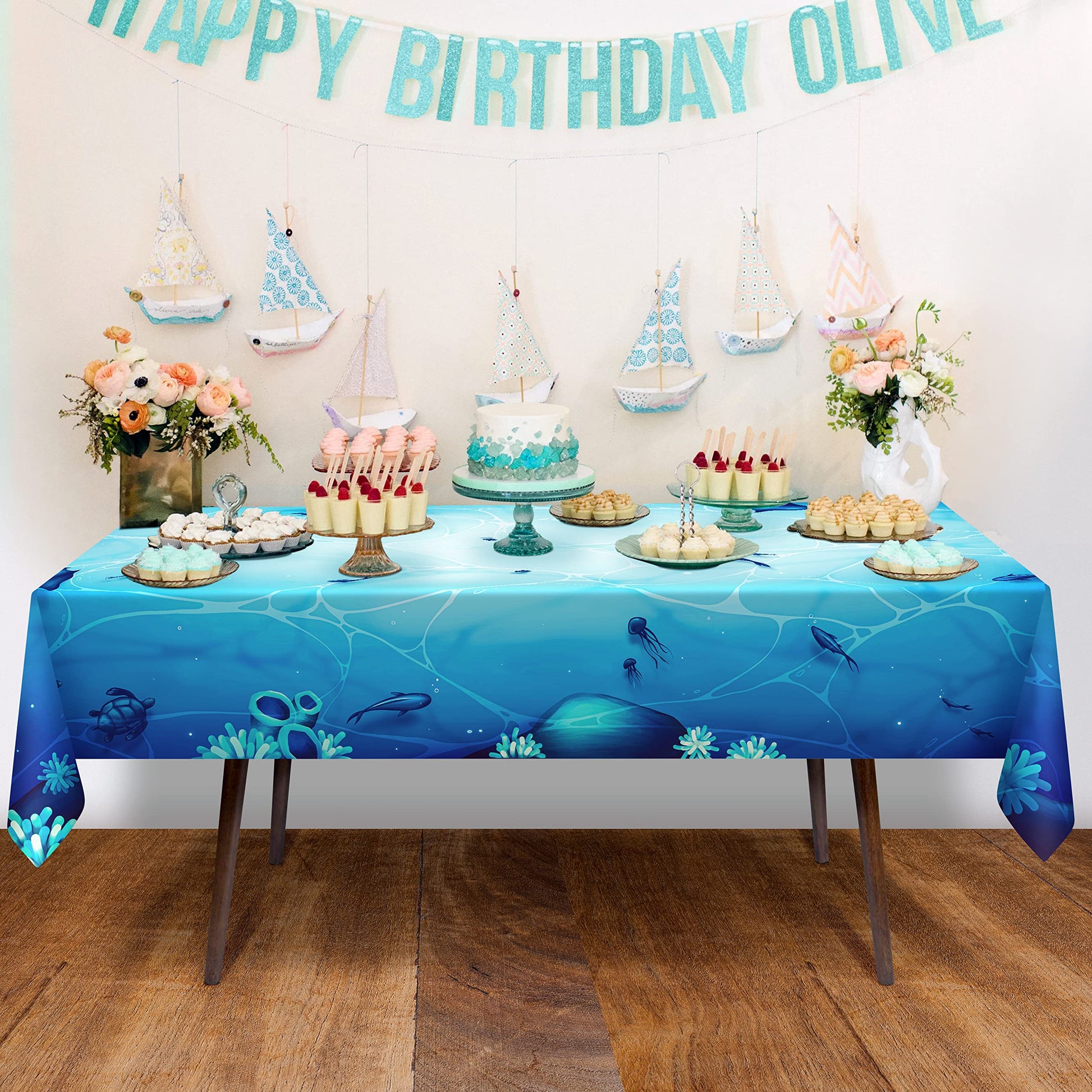 Cheerland Under the Sea Party Tablecloth Fabric Ocean Theme Birthday Decorations for Kids Adults Sea Party Supplies Turtles Jellyfish Coral Mermaid