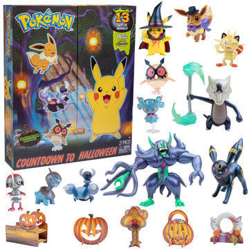 Pokemon Halloween Countdown Gift Set for Kids, 16 Piece Playset - Includes 11 Toy Character Figures & 5 Accessories - Pikachu, Eevee, Meowth & More