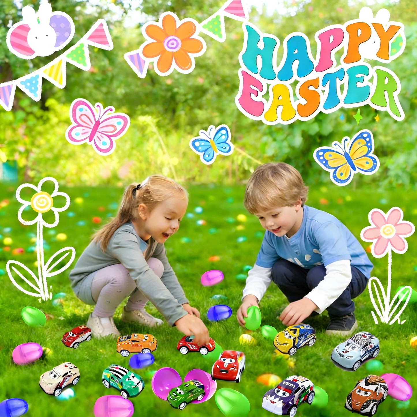 24 Pack Prefilled Easter Eggs Pull Back Cars,Mini Easter Race Cars for Kids Toddlers Egg Hunt Basket Stuffers Filler Surprise Egg Party Favor