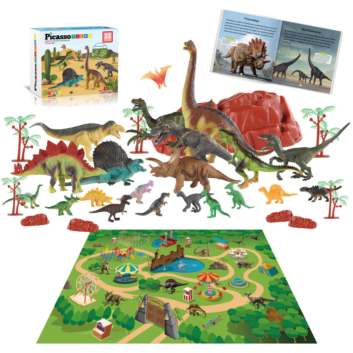 PicassoTiles Dinosaur Play Mat Toys 32pc Dino Playset STEM Activity Learning Kit STEAM Toy with Educational Book, 21 Action Figures T-Rex,