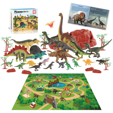 PicassoTiles Dinosaur Play Mat Toys 32pc Dino Playset STEM Activity Learning Kit STEAM Toy with Educational Book, 21 Action Figures T-Rex,