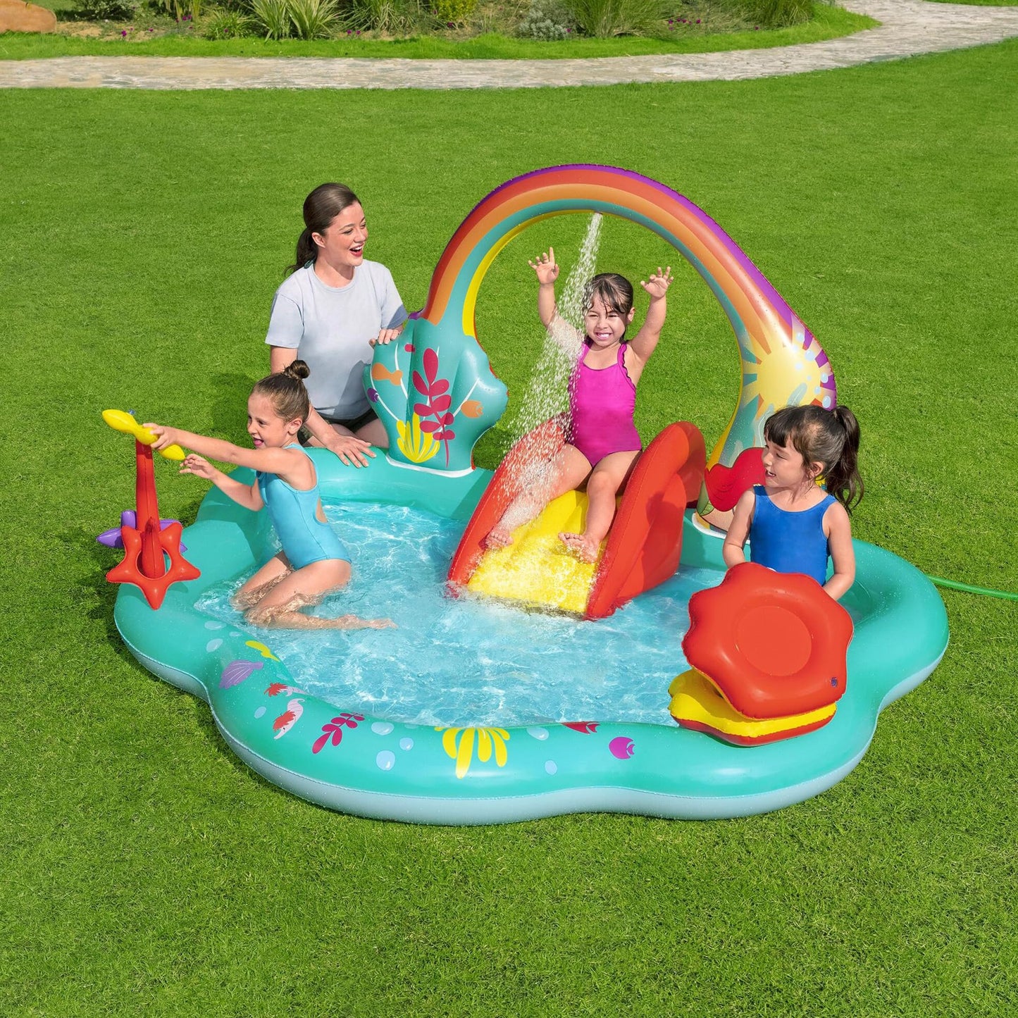 Disney Little Mermaid Inflatable Kids Water Play Center Activity Pool with Slide, Ring Toss, and Ball Toss Game for Kids 2 and Up