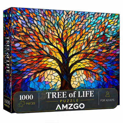 Amzgo® 1000 Pieces Stained Glass Jigsaw Puzzle, Beautiful Tree of Life Art Puzzles for Adults, Unique Fun Impossible Hard Difficult Challenging Pretty