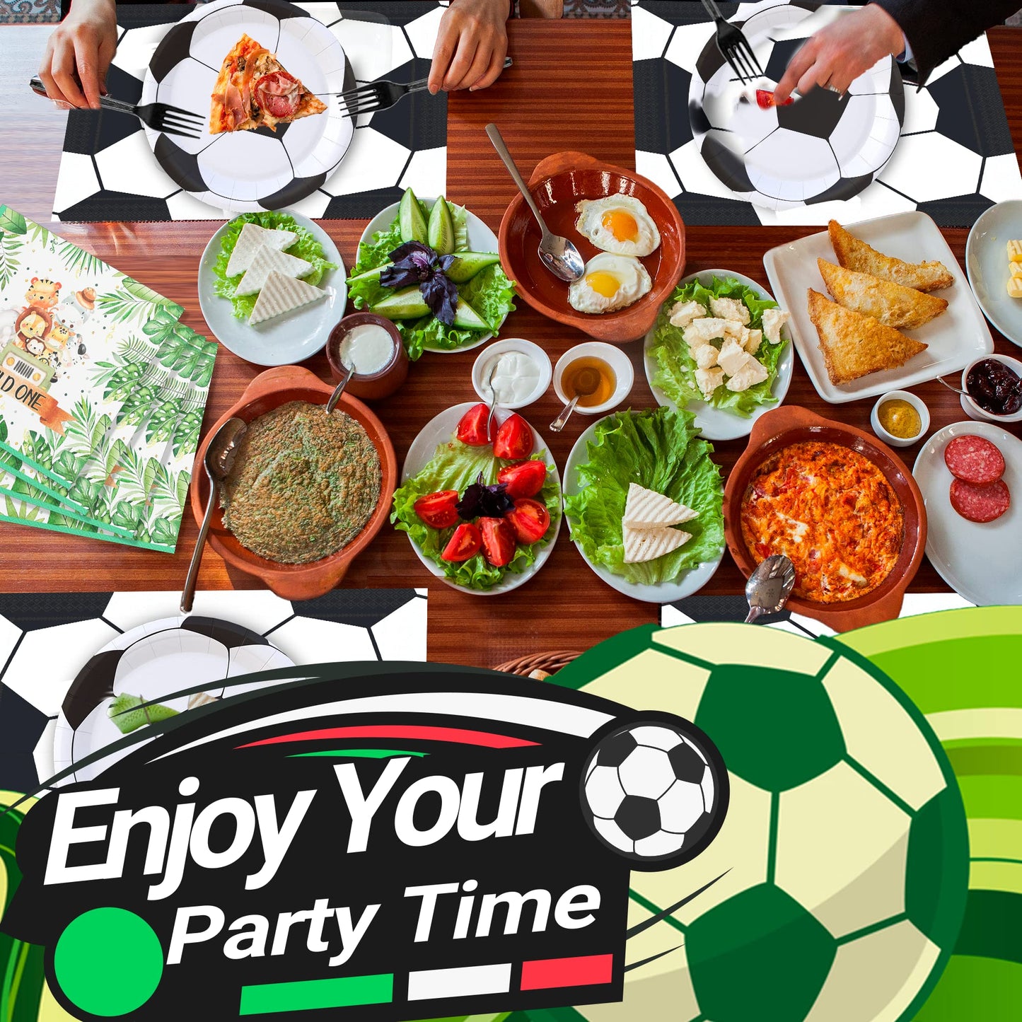 LMJUNZZ 120 Pcs Soccer Party Supplies Bundle Paper Plates Napkins Forks Soccer Party Birthday Decorations For Kids Serves 30