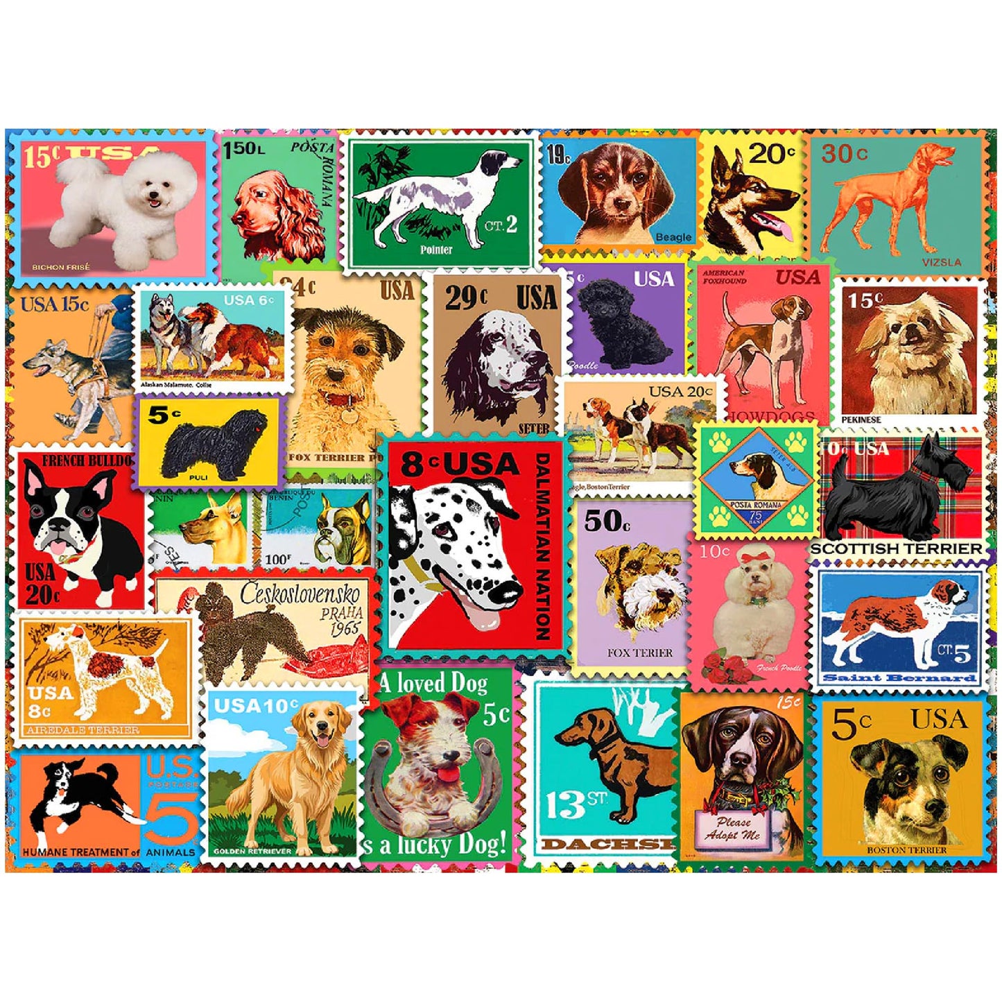 White Mountain 500 Piece Jigsaw Puzzle Fun Animal Collage, Dog Stamps