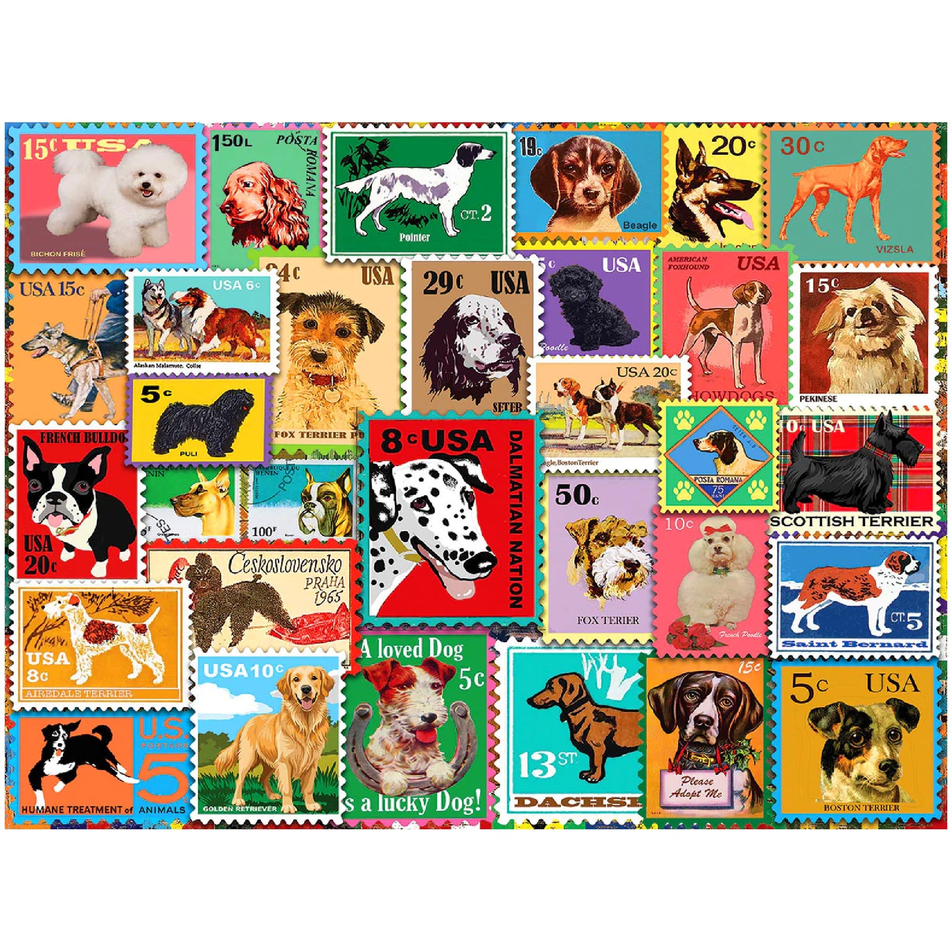 White Mountain 500 Piece Jigsaw Puzzle Fun Animal Collage, Dog Stamps