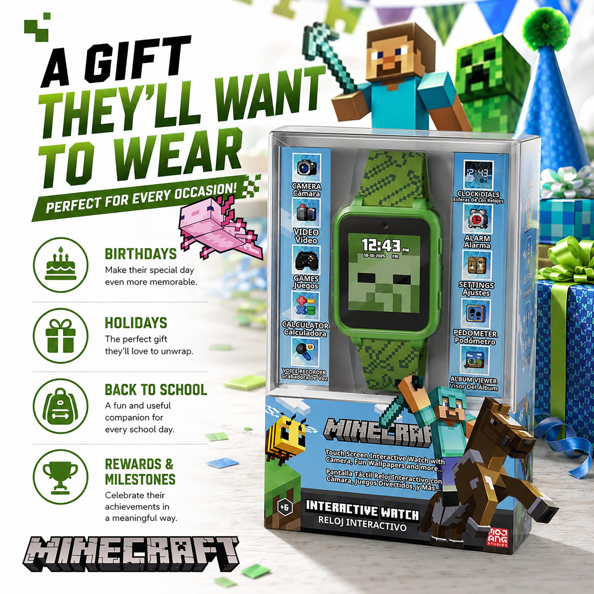 Minecraft Kids Smart Watch - Touchscreen Interactive Watch with 10 Customizable Clock Faces, Built-in Camera, Video Recorder, Alarm, Calculator, Games