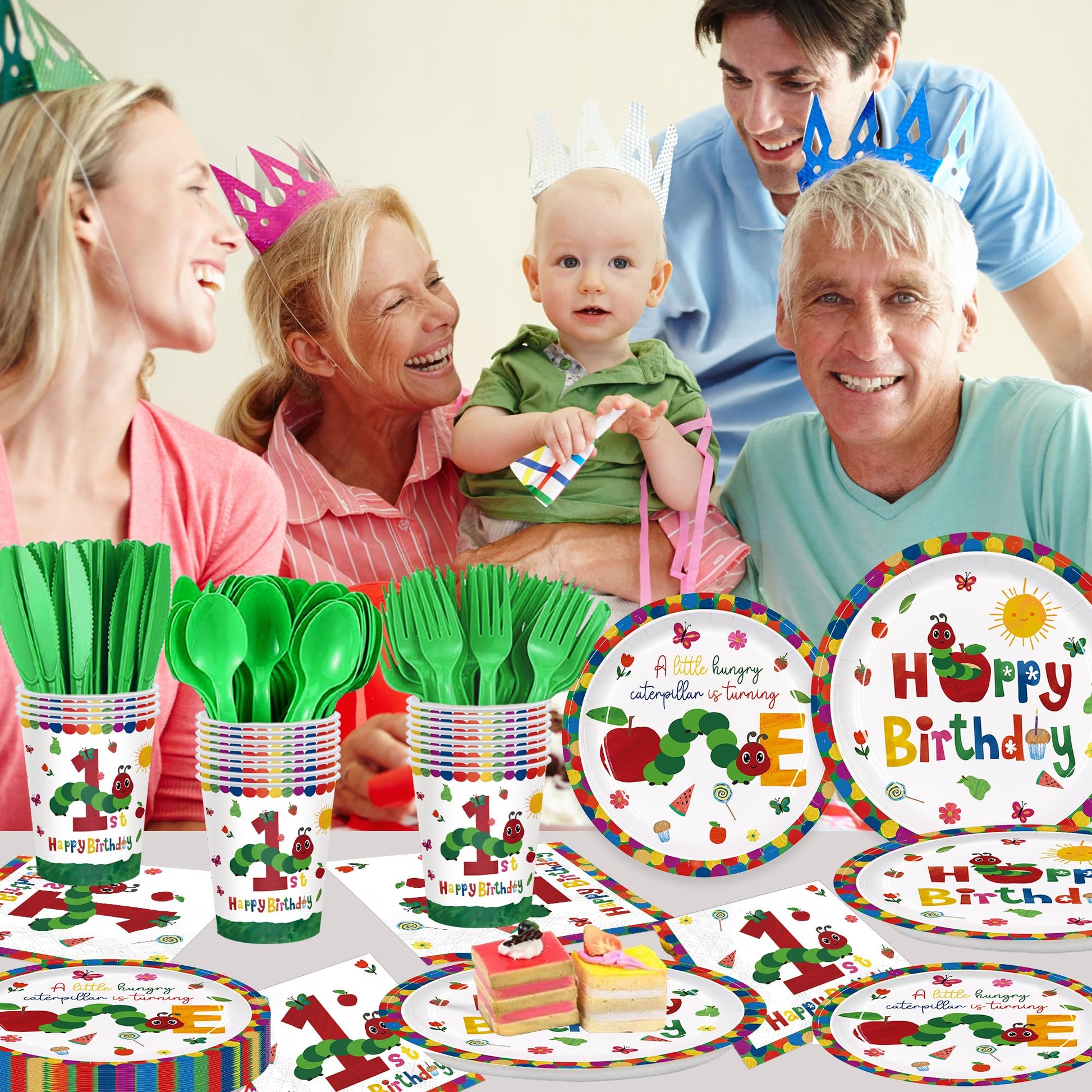 ZQMONTIA 168Pcs Caterpillar 1st Birthday Party Supplies Green Insect Plates Napkins Disposable Tableware Set Hungry Bug Party Decoration for Kids