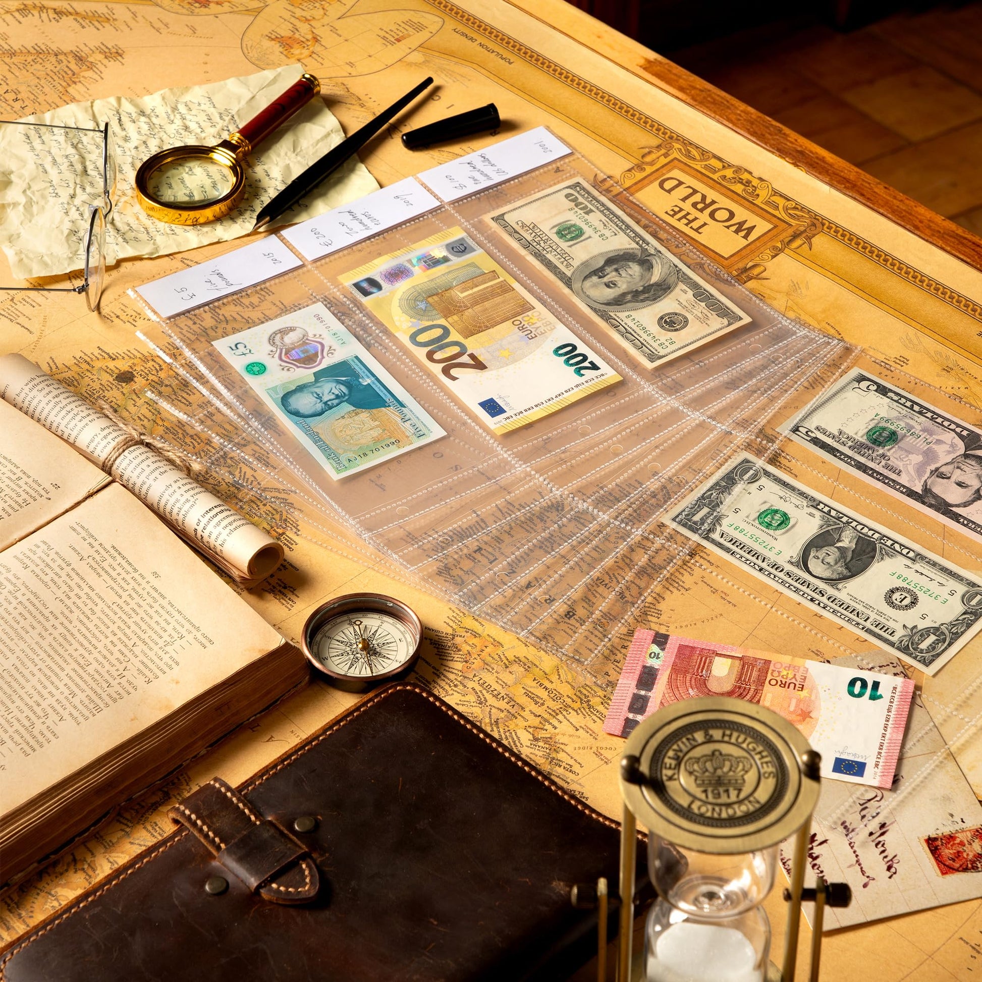 Uncle Paul 20 Sheets Currency Pages with Labels for Paper Money Collection - 3 Pockets Currency Sleeves Currency Holder Collecting Album Pages for
