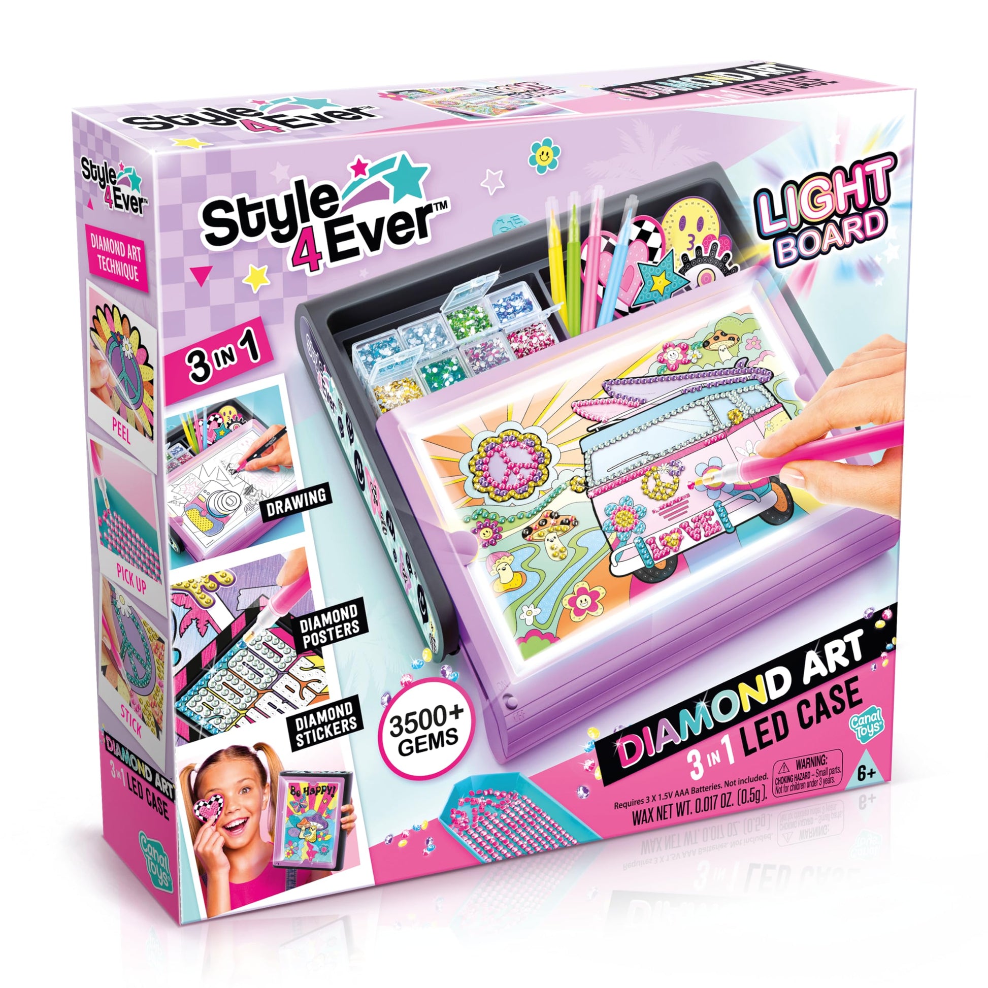 Canal Toys Style 4 Ever Diamond Art Studio. 3 in 1 LED case with Light up Board. Create Drawings, Diamond Posters, and Diamond Stickers. Age 6+