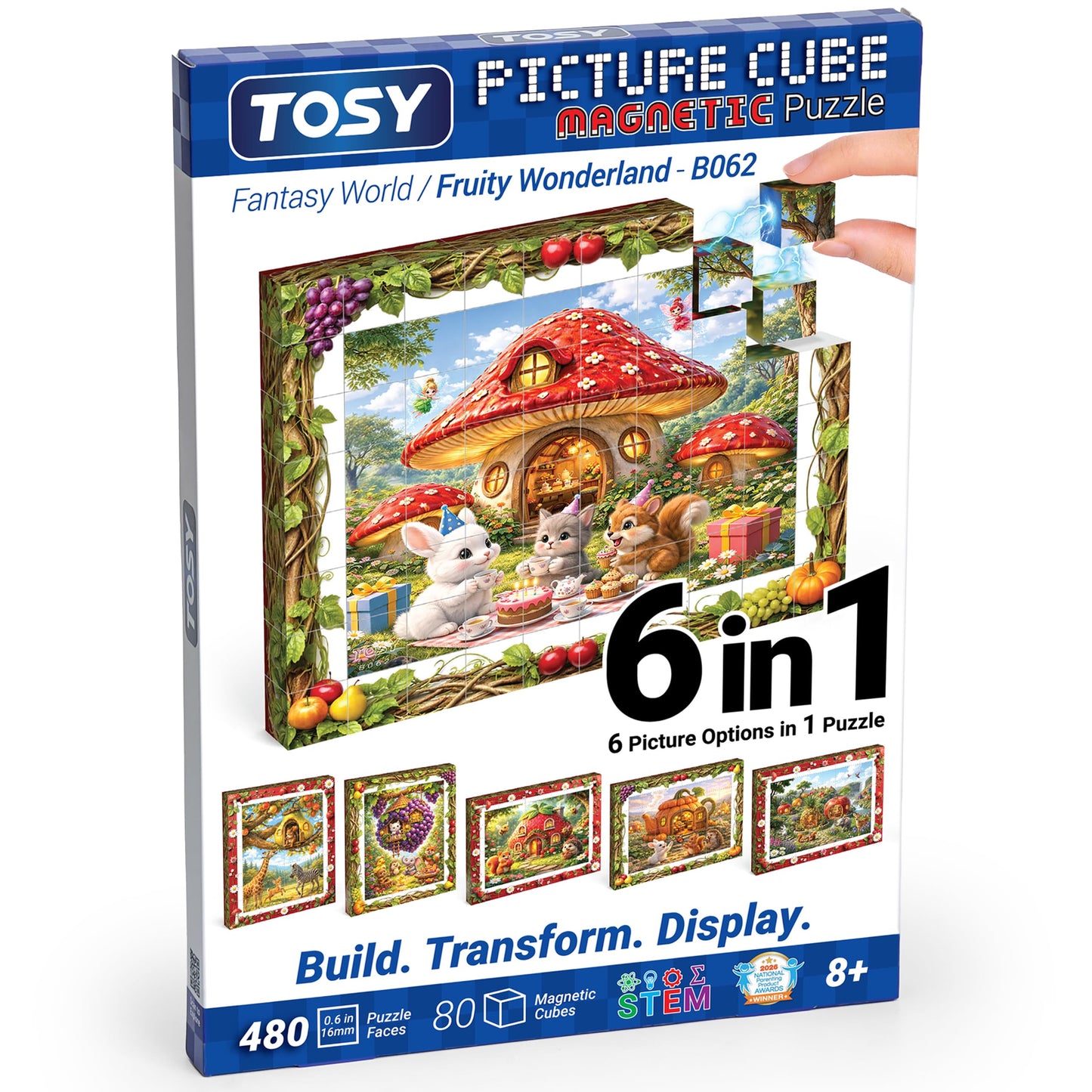 TOSY Picture Cube Fruity Wonderland: 6-in-1 Magnetic Picture Puzzle, 80 Blocks, 480 Puzzle Faces, 0.6in, B062, Seamless UV Art, Display-Ready Frame