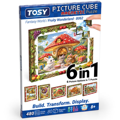 TOSY Picture Cube Fruity Wonderland: 6-in-1 Magnetic Picture Puzzle, 80 Blocks, 480 Puzzle Faces, 0.6in, B062, Seamless UV Art, Display-Ready Frame