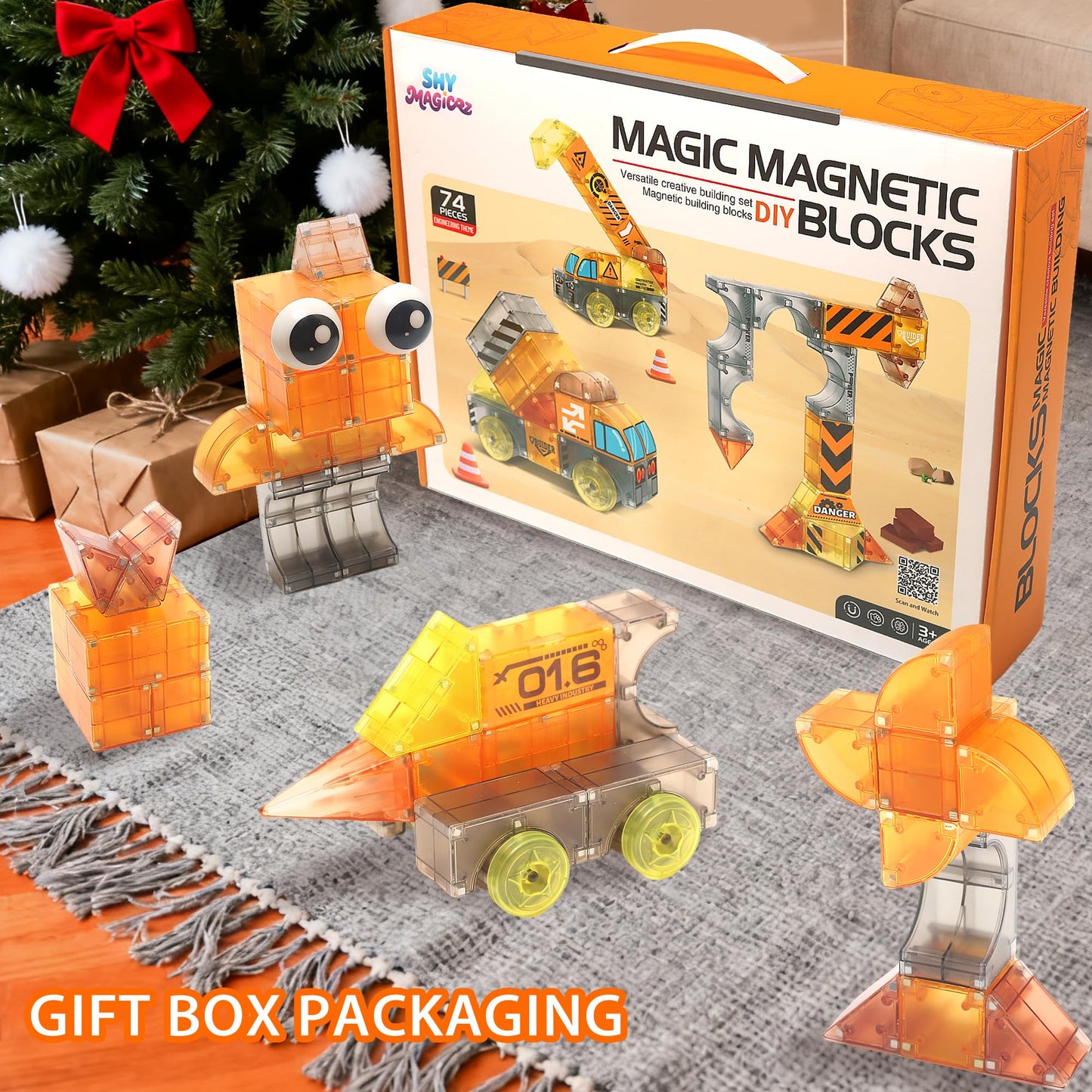 SHYMAGICRZ 74PCS Engineering Series Magnetic Tiles, Magnetic Construction Blocks - Build Excavator, Crane & Dump Truck, STEM Toys Gift Box for Ages