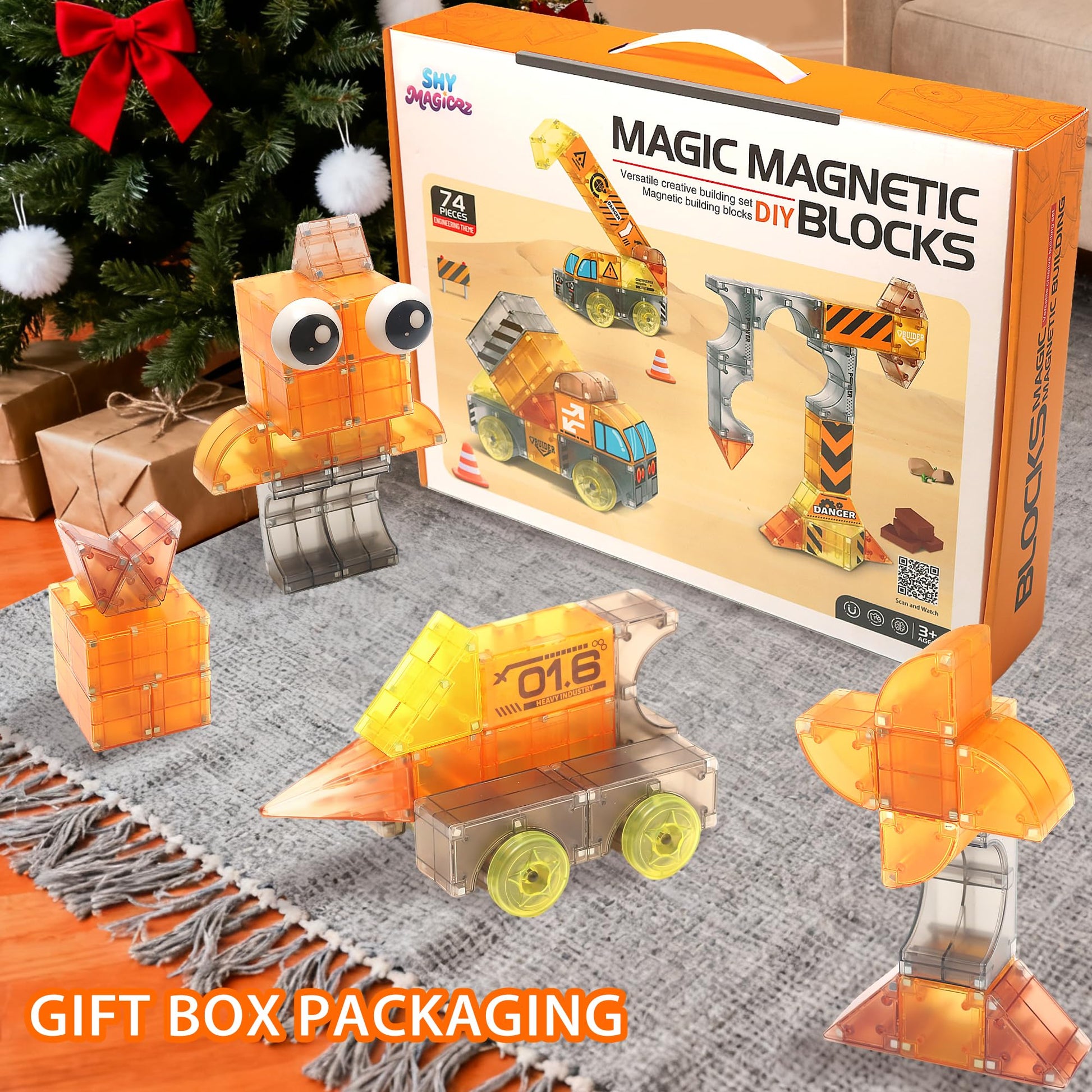 SHYMAGICRZ 74PCS Engineering Series Magnetic Tiles, Magnetic Construction Blocks - Build Excavator, Crane & Dump Truck, STEM Toys Gift Box for Ages
