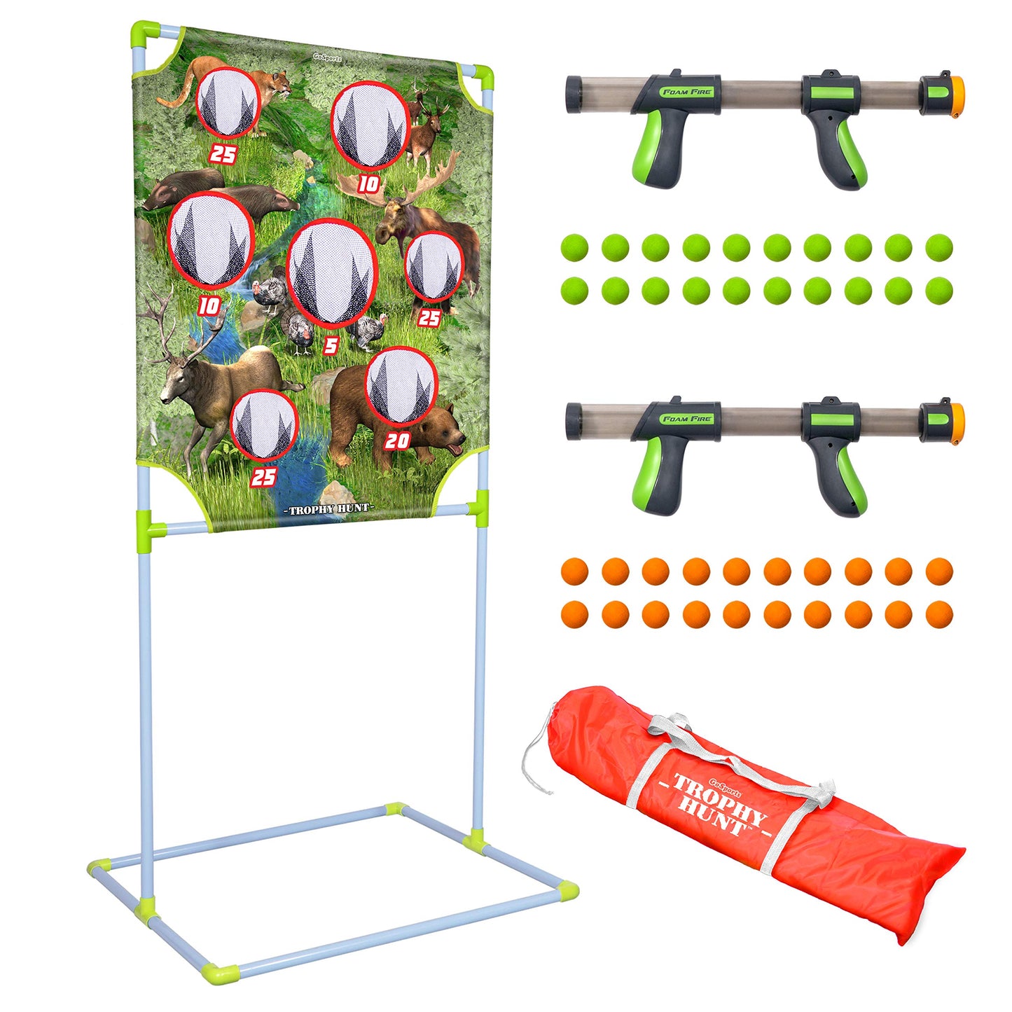 GoSports Foam Fire Games - Alien Invaders, Trophy Hunt, or Door Hang Battle Strike and Capture The Cash Targets - Include 2 Toy Blasters for Kids