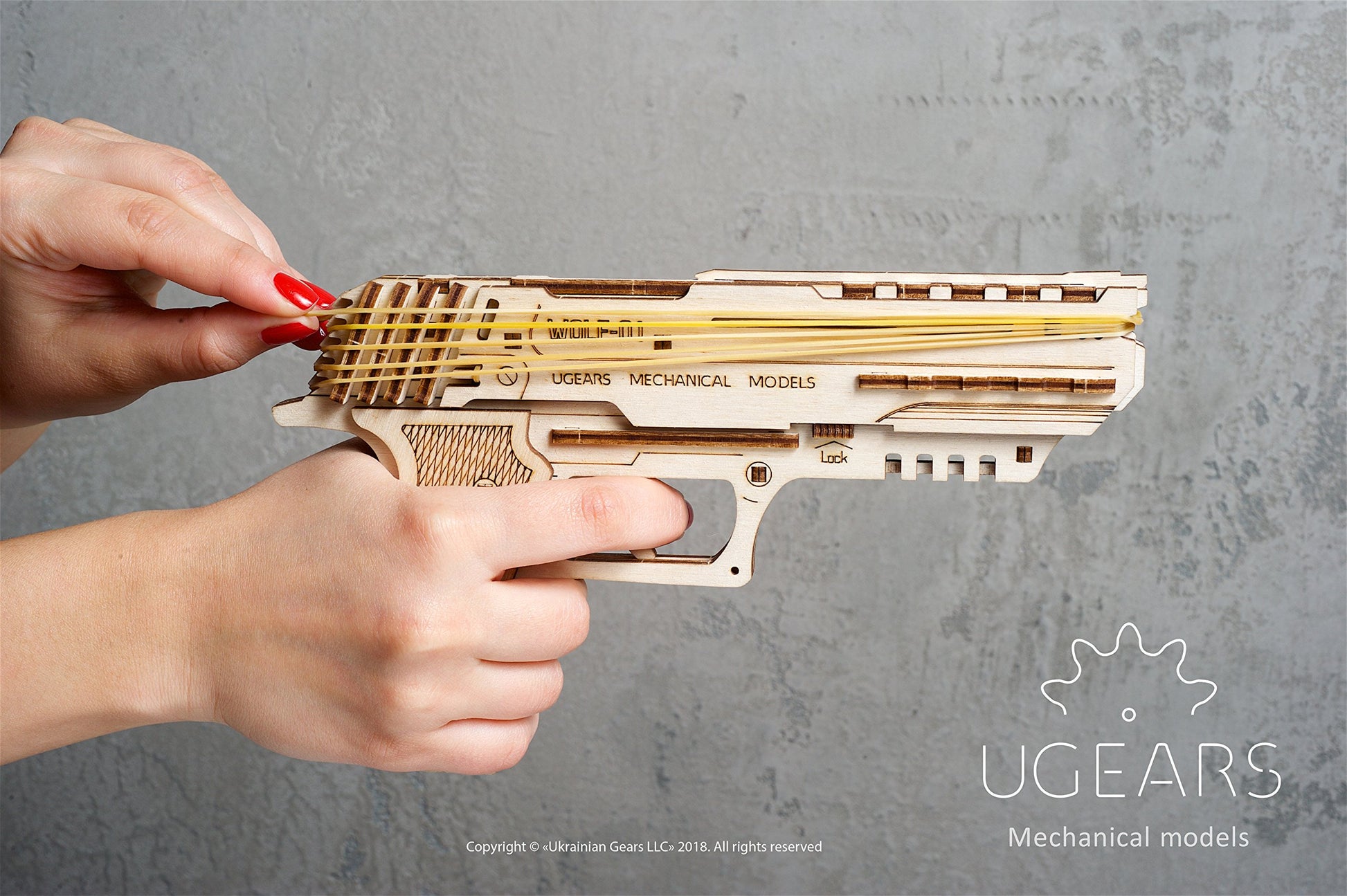 UGEARS Wolf-01 Handgun 3D Wooden Puzzles for Adults - Wooden Model Kits for Adults Rubber Space Band Handguns Mechanical Handgun Models Wood Puzzle