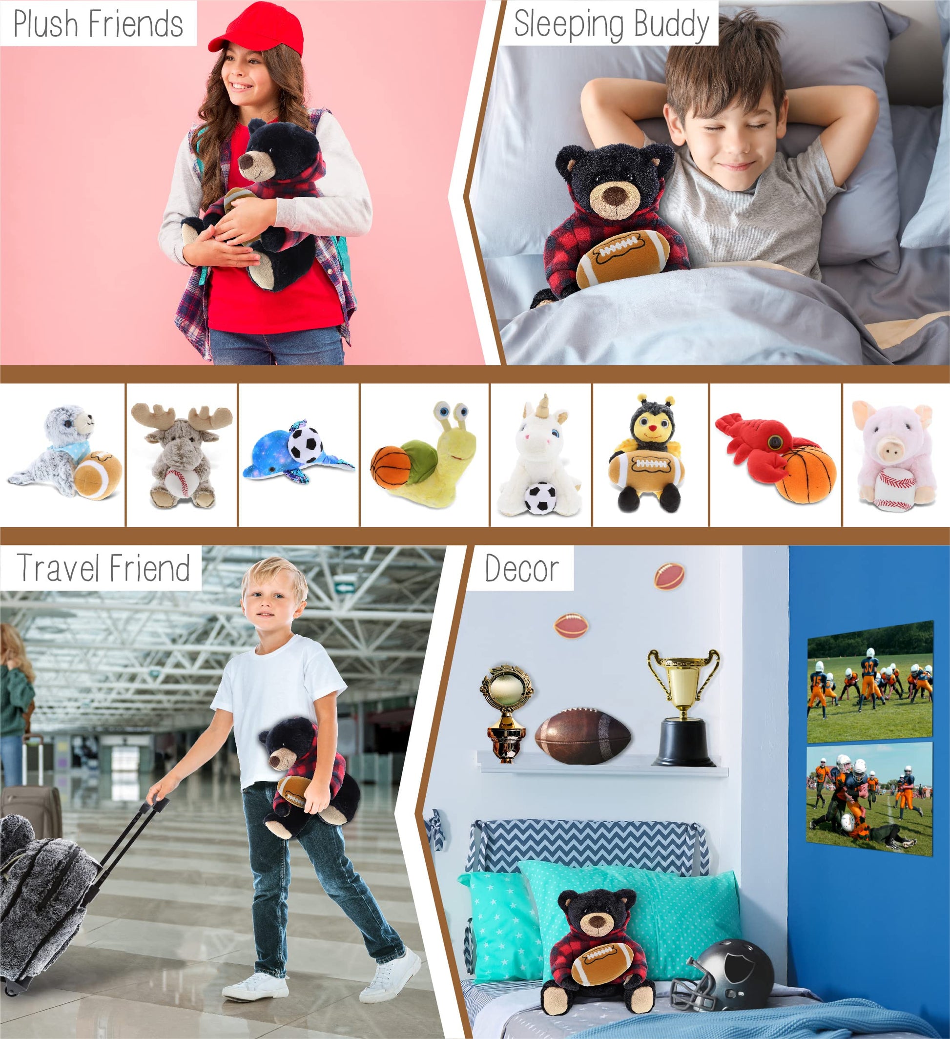 DolliBu Black Bear Stuffed Animal with Football Plush - Super Soft Huggable Bear with Red Plaid Hoodie, Plush Toy Wildlife Gift for Kids and Adults