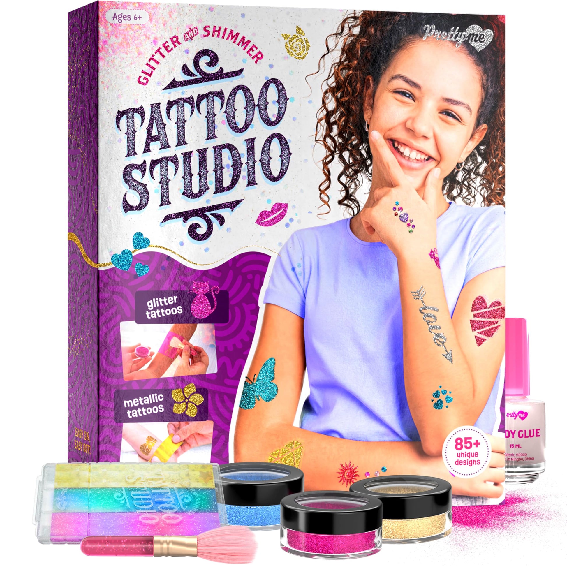 Pretty Me Glitter Tattoo Kit for Kids - Glitter & Metallic Fake Tattoos for Girls - Birthday Gift Ideas for Girl - Temporary Tattoo Set - Craft Kits