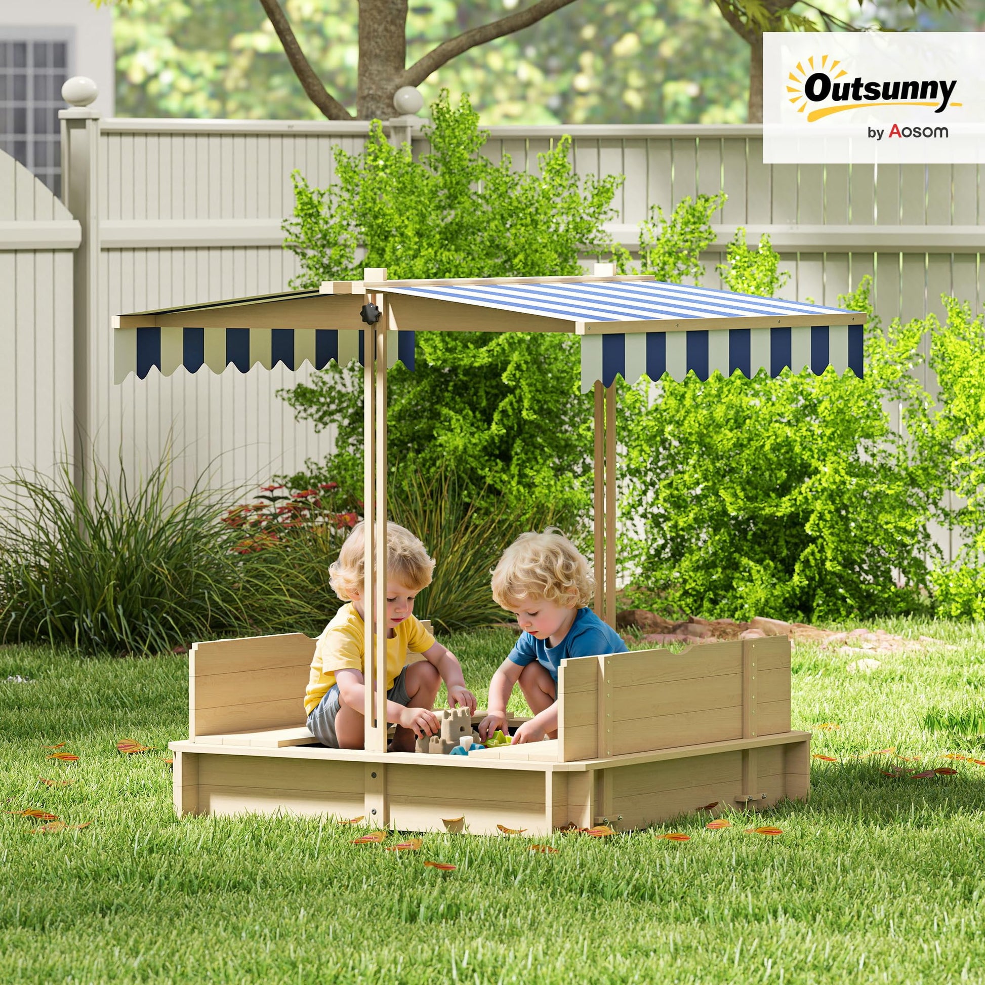 Outsunny Wooden Sandbox with Lid Canopy for Aged 3-7 47X47 in Natural