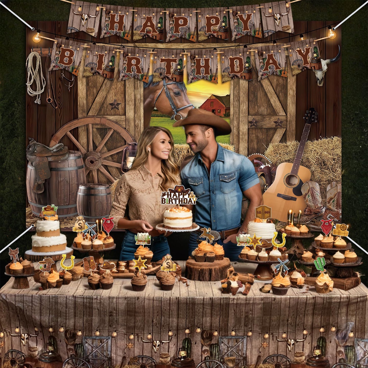 Western Cowboy Birthday Party Supplies Cowboy Party Decorations Include Happy Birthday Banner Denim Backcloth Denim Tablecloth Cake Insert Card Party