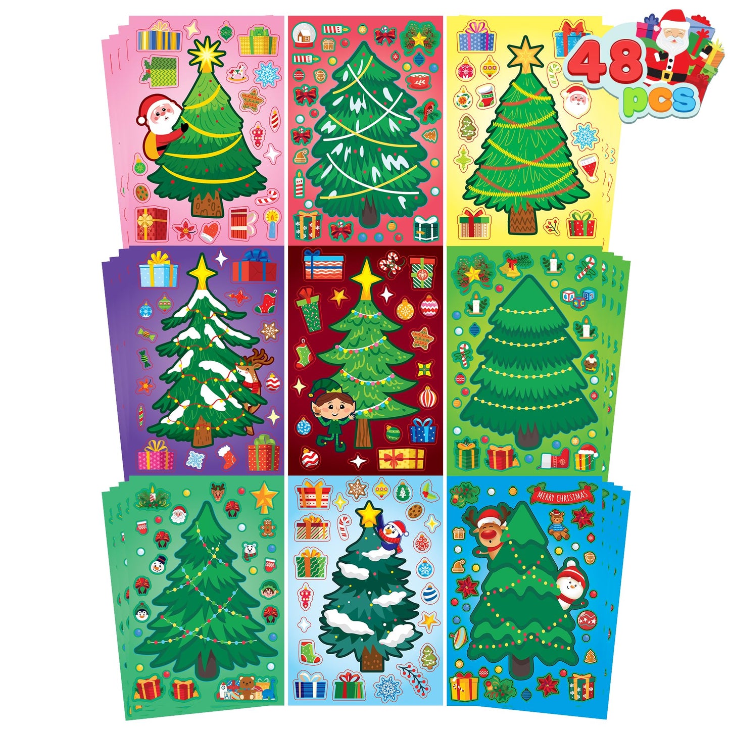 JOYIN 48 Pcs Christmas Sticker Sheets, Christmas Craft Supplies for Kids, Make Your Own Characters Mix and Match Sticker Sheets with Trees, Kids Party