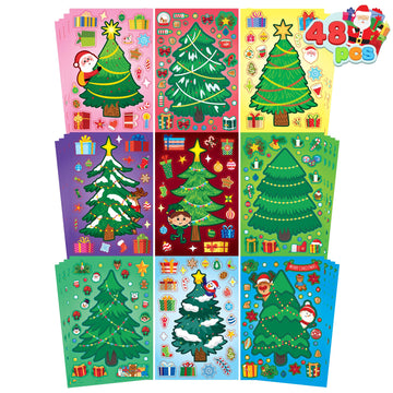 JOYIN 48 Pcs Christmas Sticker Sheets, Christmas Craft Supplies for Kids, Make Your Own Characters Mix and Match Sticker Sheets with Trees, Kids Party