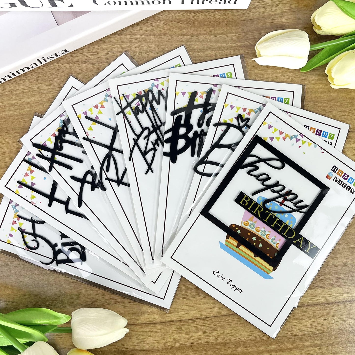 24 PCS Black Happy Birthday Cake Toppers Mirror Acrylic Side Cake Decorations 8 Styles