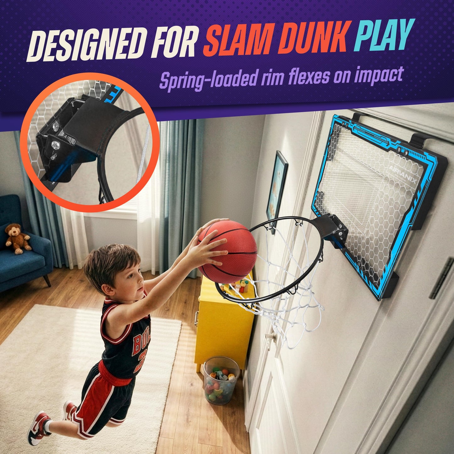 AIRVANIX Mini Basketball Hoop for Kids | Spring-Loaded Rim for Slam Dunks, Extra Backboard Padding | Foldable Indoor Basket Ball Hoops | 2 Over
