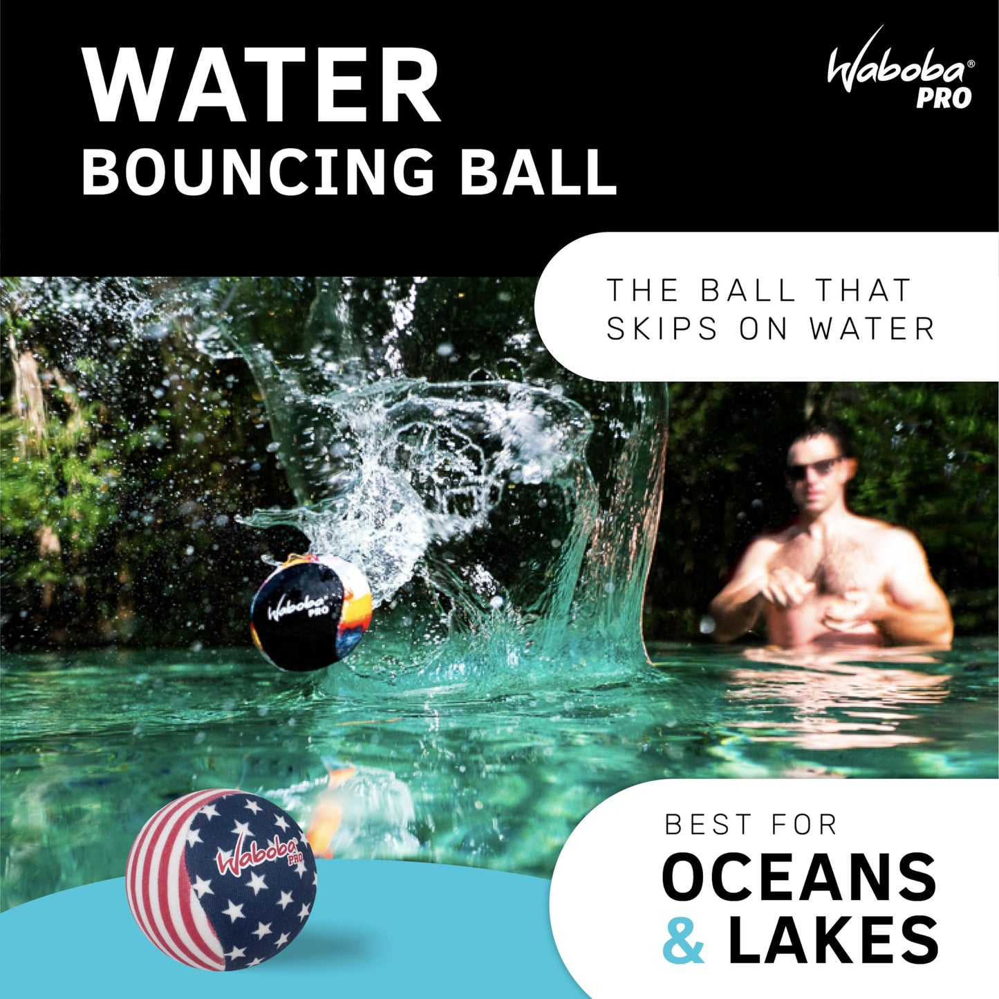 Waboba Water Bouncing Pro Ball-Stars & Stripes, White/Red/Blue