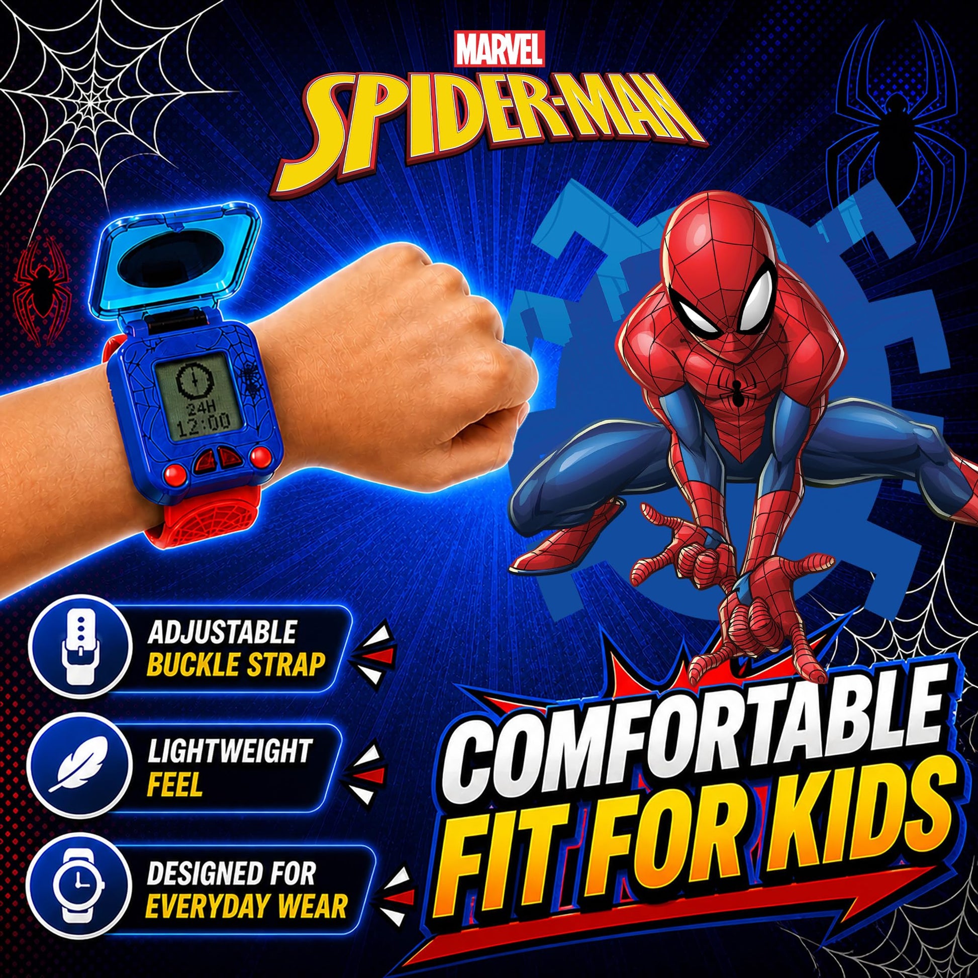 Marvel Spider-Man Educational Learning Digital Blue Watch for Boys by Accutime, Toddlers, Kids with Red Strap - Includes Timer, Stopwatch, Alarm