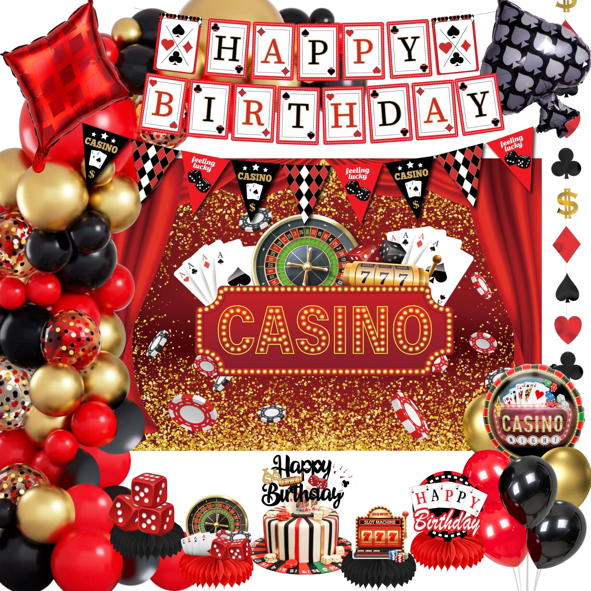 Casino Theme Party Decorations, happy Birthday banner, Las Vegas Party Decorations, casino Backdrop, Casino birthday Honeycomb Centerpieces, casino