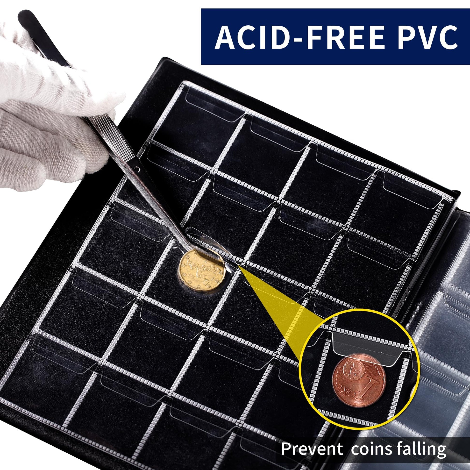 200 Pockets Coin Album - Coin Collecting Book with 10 Pages, 33x33 mm Grid Holder for Pounds Pence Cents Dollars Nickel (Black) CS48200BK
