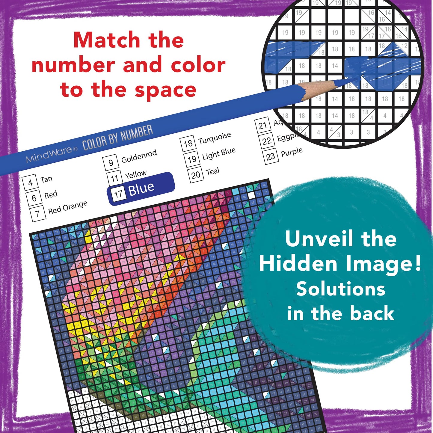 MindWare Color by Number Mystery Mosaics Book 15 - Number-Guided Hidden-Image Coloring Activity Book, Ages 6+