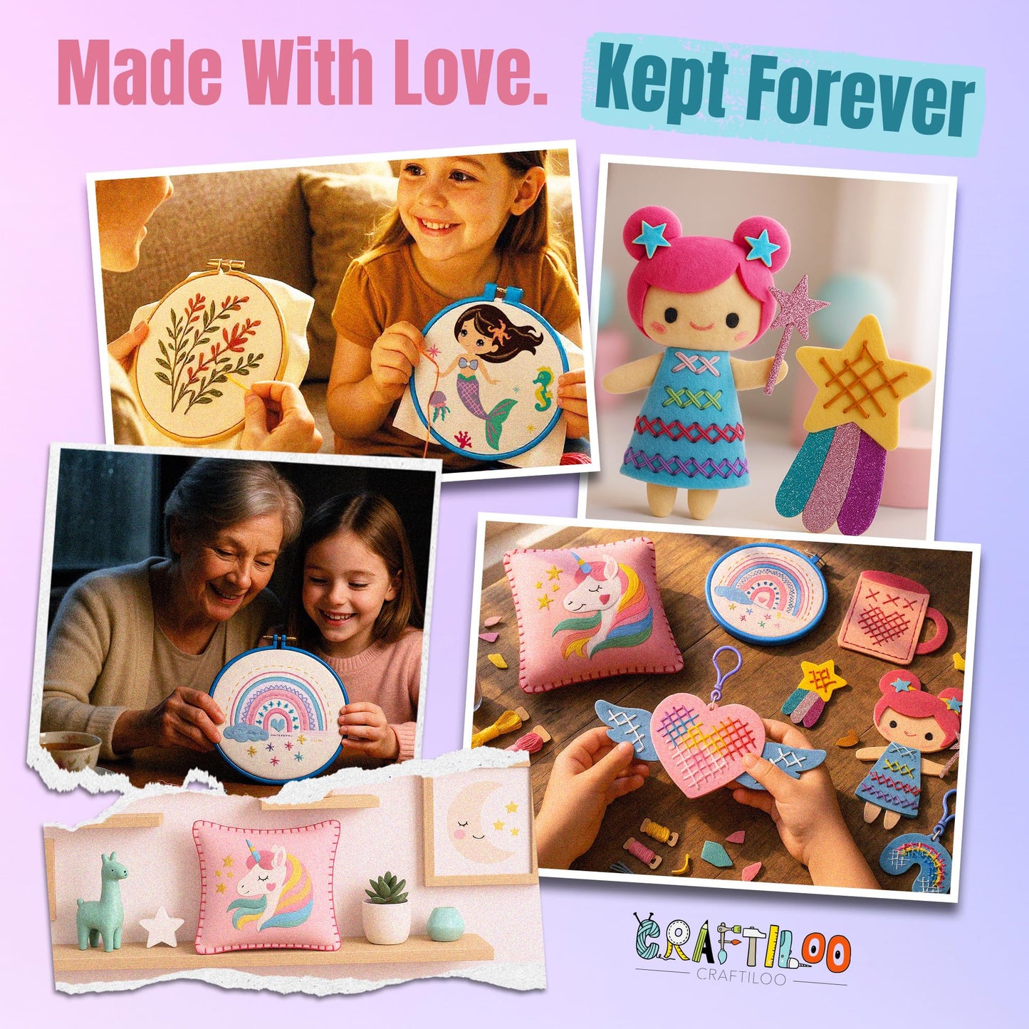 CRAFTILOO 2 in1 Cross Stitch & Embroidery Kit for Kids Ages 6+ Make 8 Projects Backpack Charms, Keyring, Doll, Wall Art, Unicorn Pillow & Card Holder