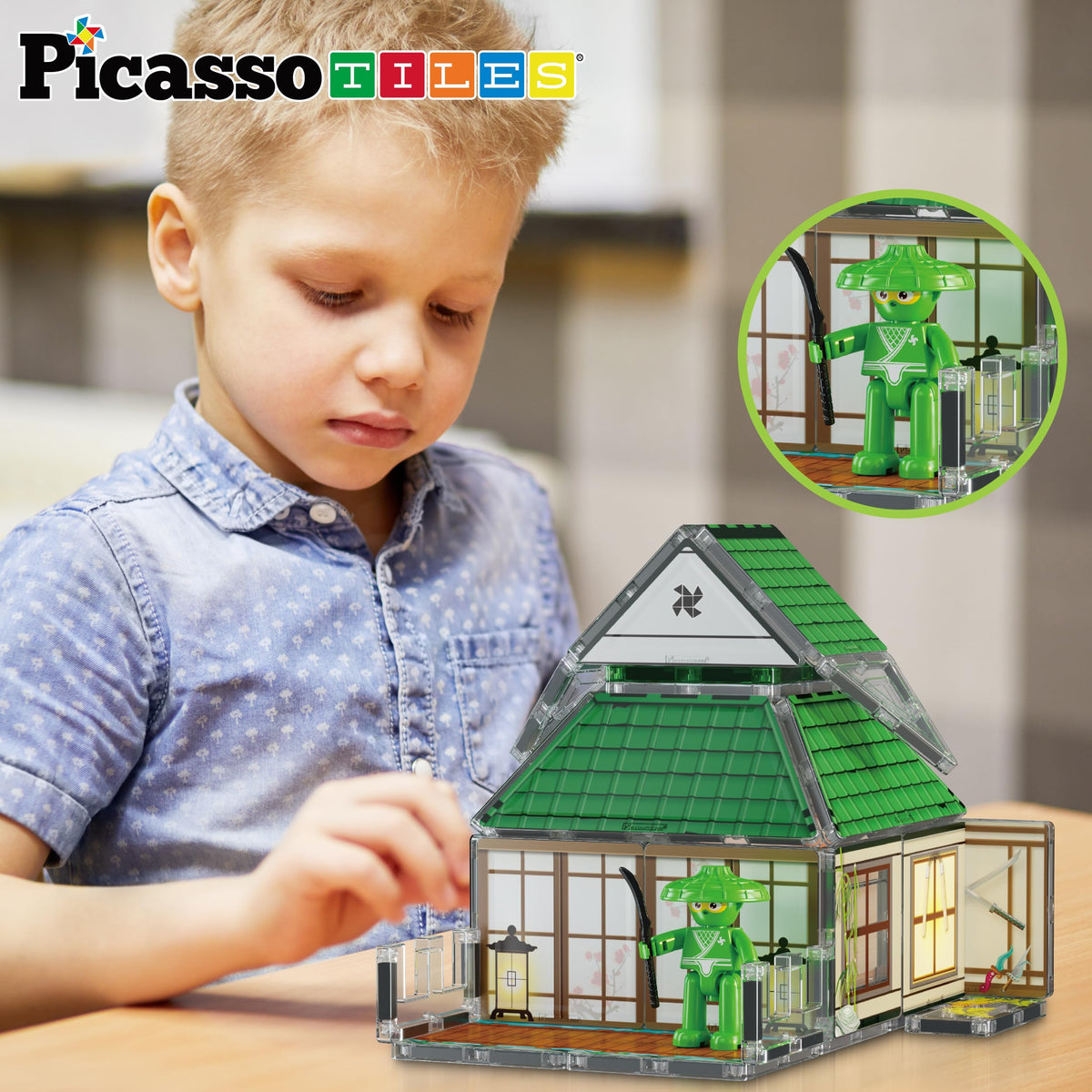 PicassoTiles Magnet Tile Building Blocks Ninja Dojo House Theme STEM Playset with 4 Character Action Figure Ninjas Weapon Accessories Magnetic Tiles