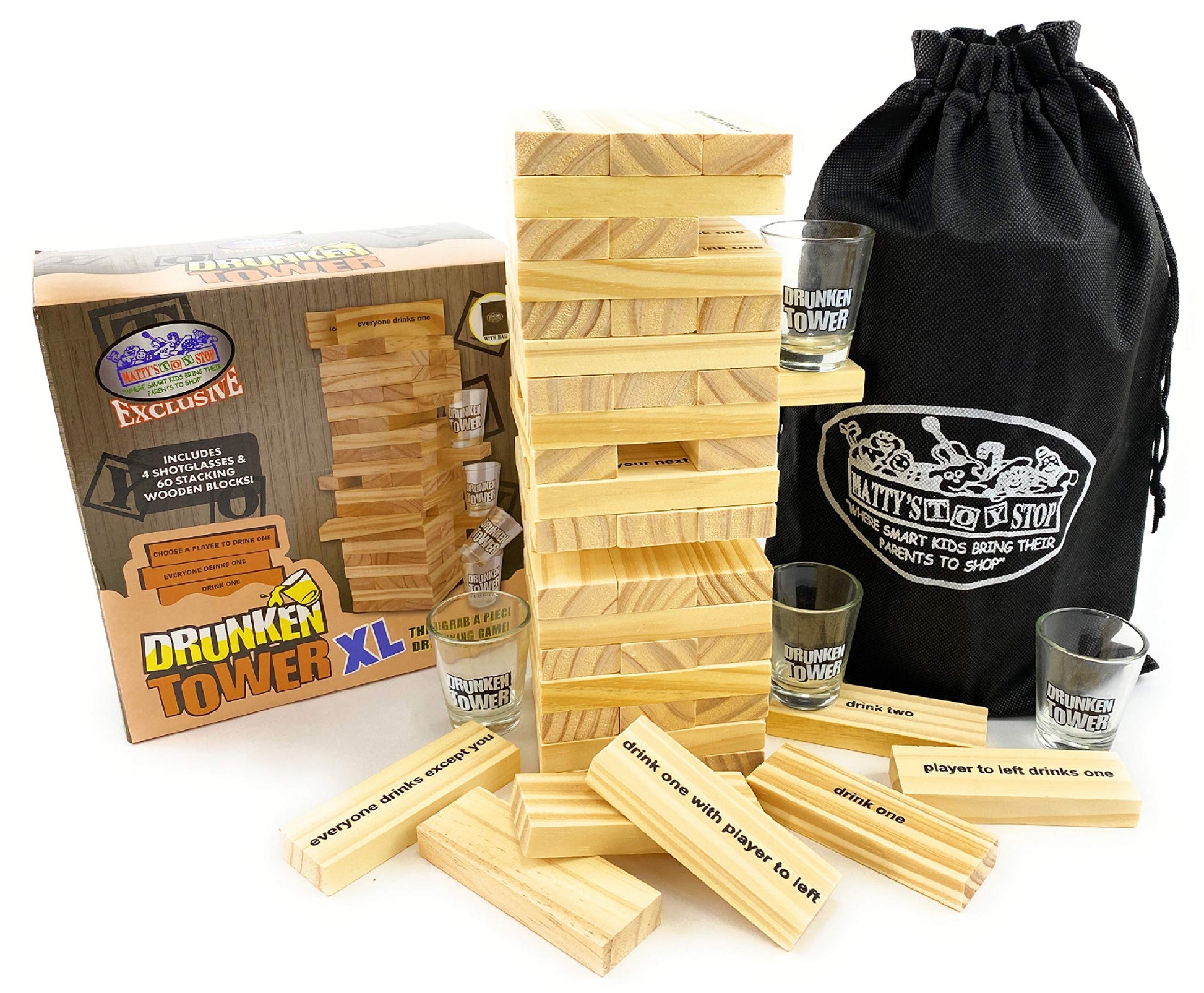 M?tty's Toy Stop Deluxe 60pc XL Wood Drunken Tower The Grab A Piece Drinking Game with Shot Glasses & Storage Bag